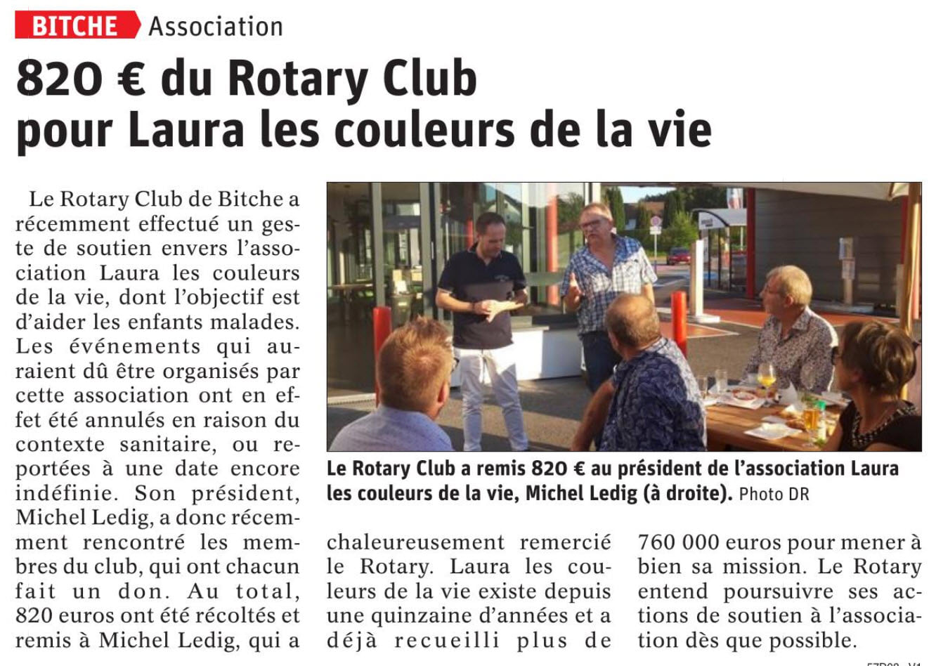 820€ du Rotary Club pour Laura les couleurs de la vie